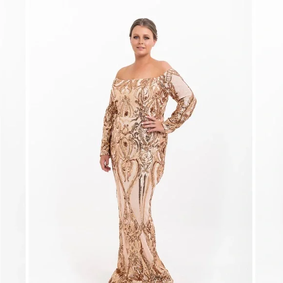 Glamorous Gold Sequin Off-Shoulder Gown - Picture 3 of 5